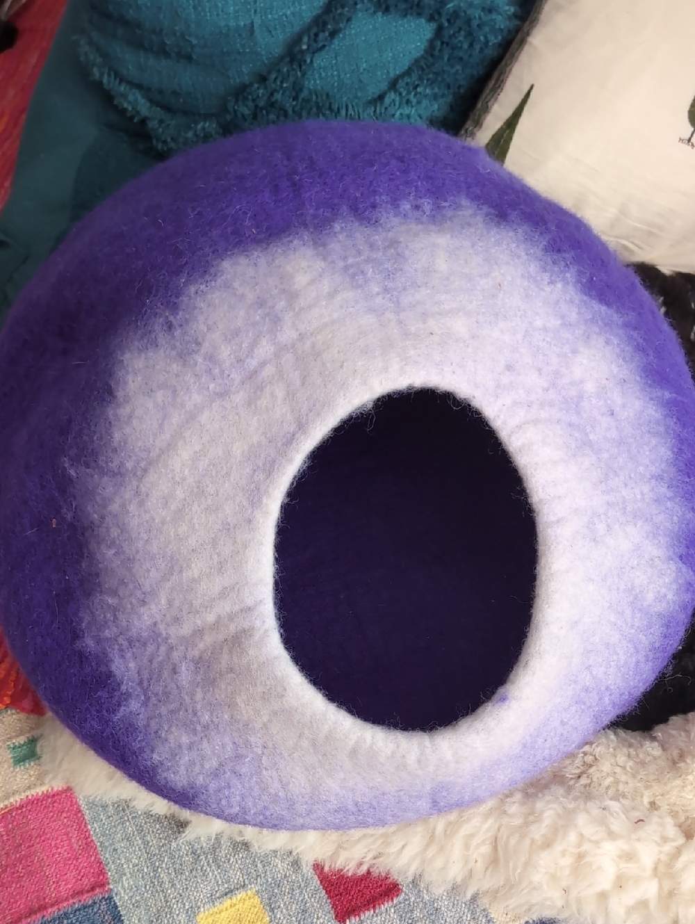 Felted Wool Cat Cave in Purple and White